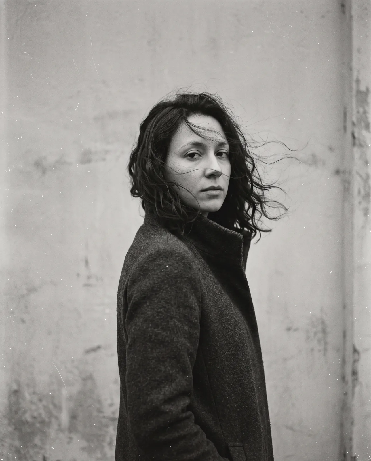 Grainy, scratched black-and-white portrait of a woman in a dark wool coat with the collar up, turned three-quarters away and looking back over her shoulder while wind blows her dark wavy hair across the frame