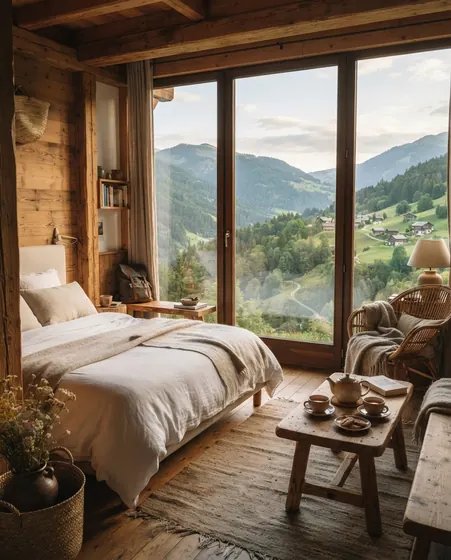 A cozy image of a rustic room with a wooden bed, white linen, a big window onto green mountains, a tea tray and warm morning light.