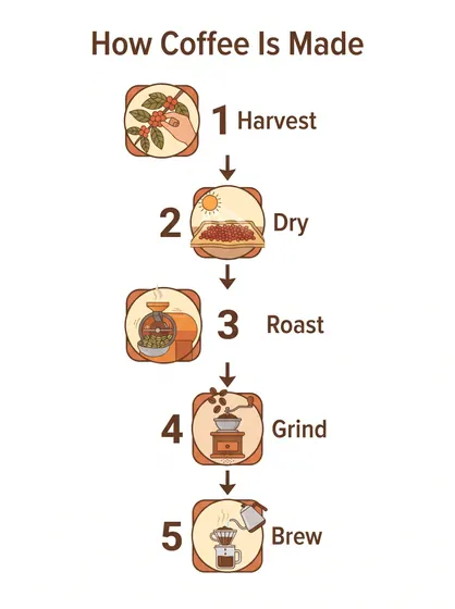 Vertical infographic “How Coffee Is Made” with five steps — Harvest, Dry, Roast, Grind, Brew — each with an icon