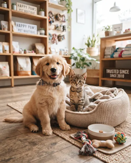 A heartwarming ad with a golden retriever puppy and a tabby kitten together beside a pet bed, bowl and toys in a bright store with soft light.