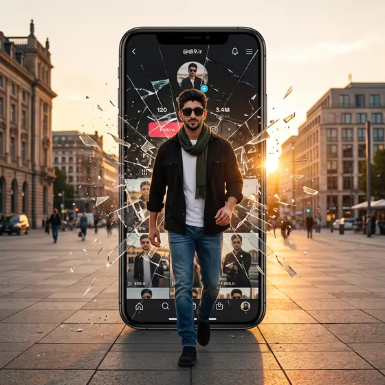 A young man with dark hair, sunglasses and a short beard striding out of a giant phone screen with shattering glass in a city plaza at sunset, the screen showing a profile page