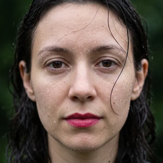 Extreme close-up of a woman's face with wet dark hair, water droplets on the skin and raspberry-pink lipstick against a dark green background