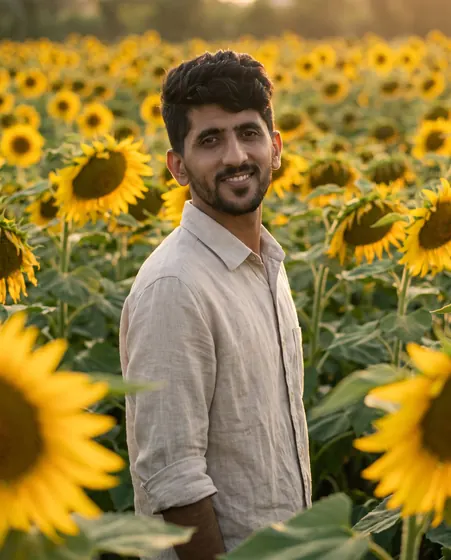 A young man with dark curly hair and a short beard, waist-up in a beige linen shirt in a sunflower field at golden hour, edited from a real photo