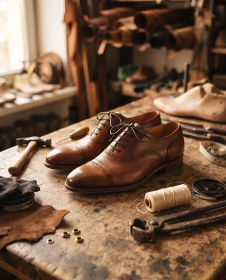 A craft photo of handmade brown leather oxfords on a cobbler’s workbench with leather scraps, tools and thread in warm side light.
