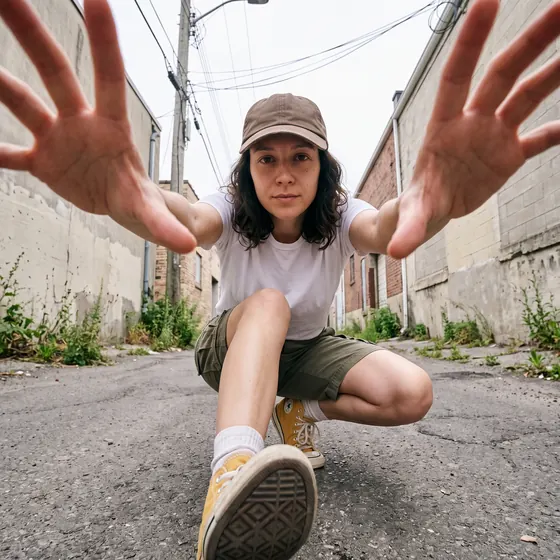 Low-angle ultra-wide street photo of a woman with dark wavy hair in a brown cap, white t-shirt, olive cargo shorts and yellow high-top sneakers, crouching in a quiet street and stretching two huge, slightly blurred hands towards the camera